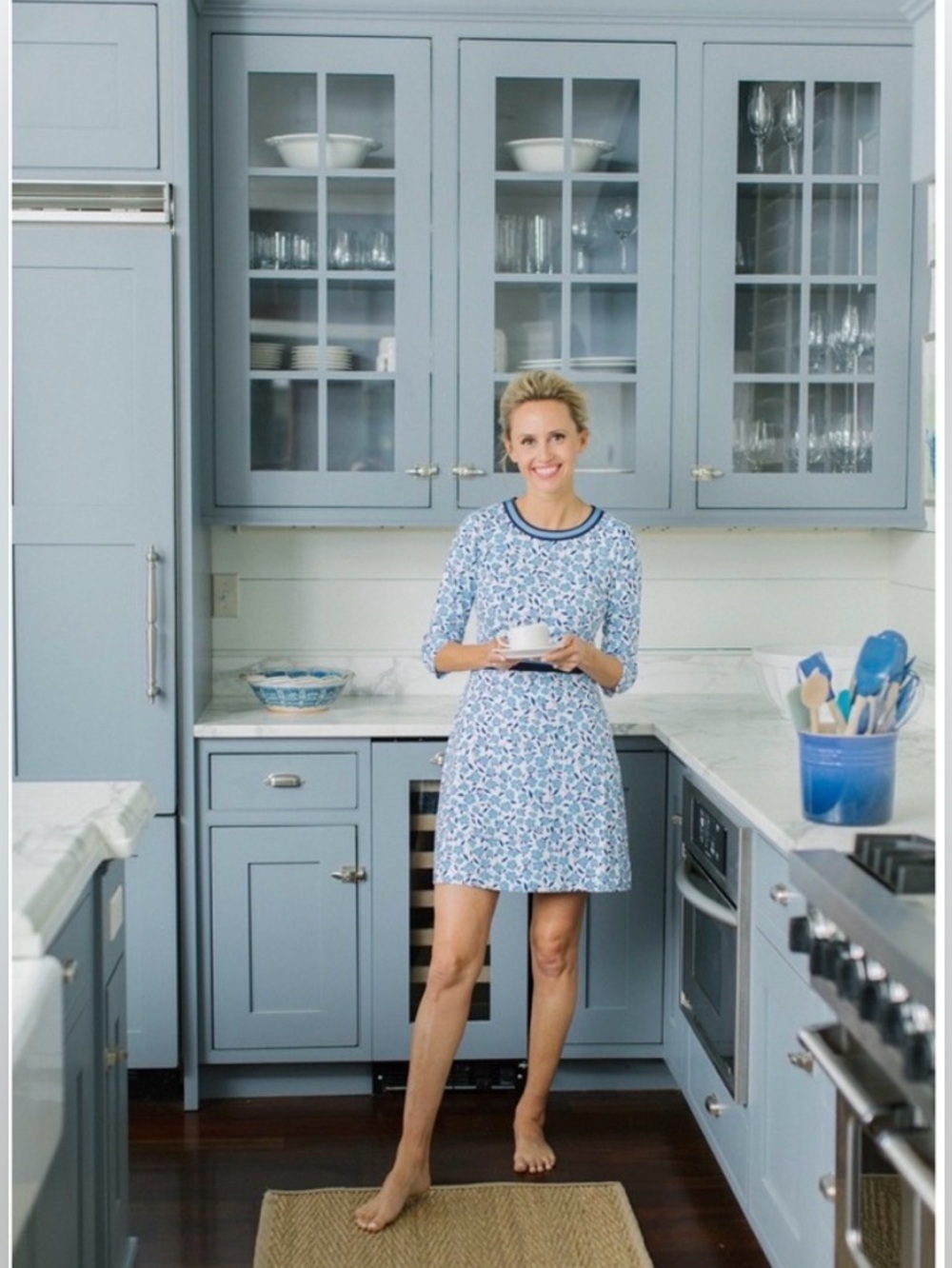 Draper James White and Blue Floral Knit Dress with Navy Trim